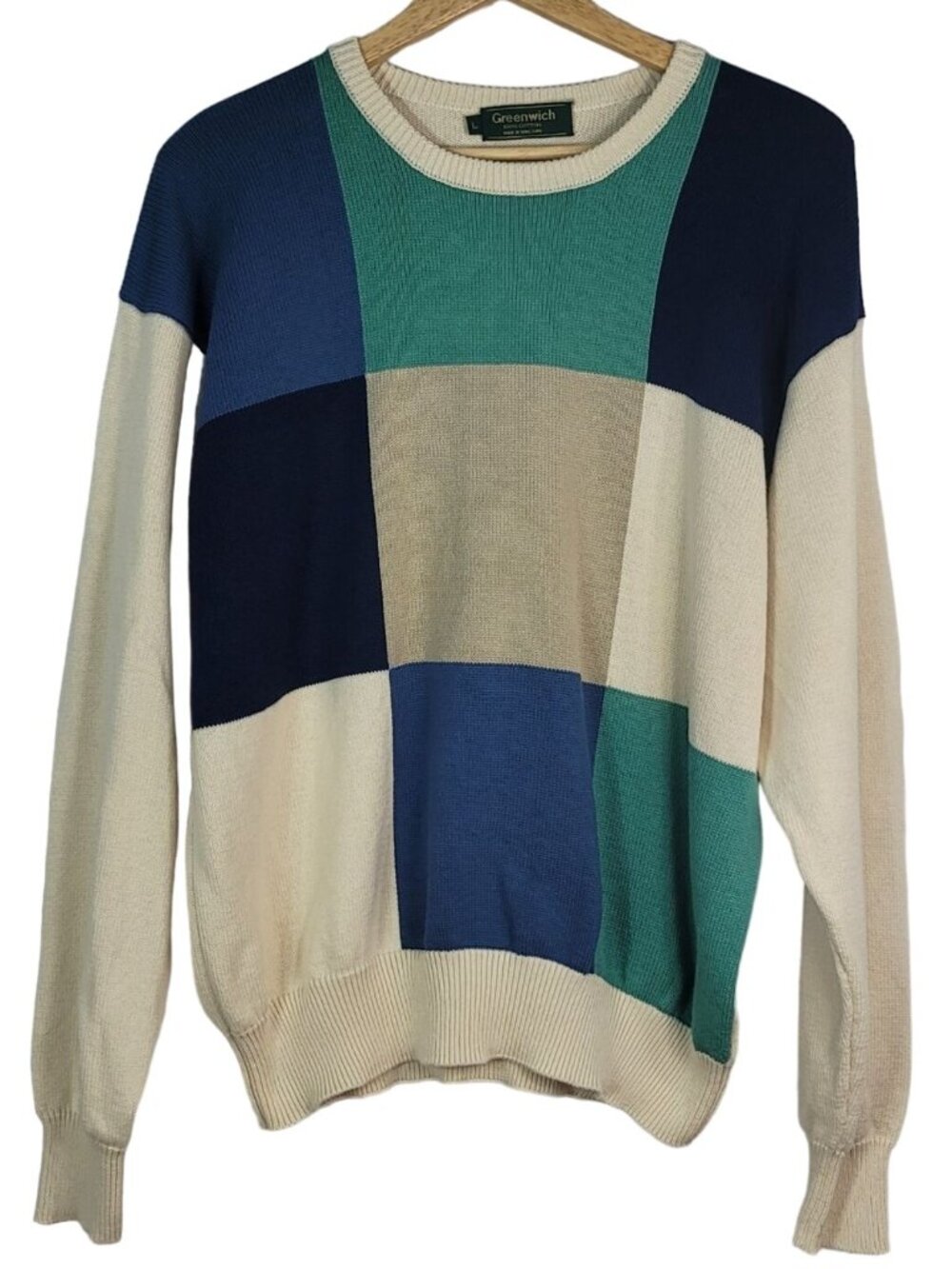 Greenwich Mens Sweater Cream Green Large Square Long Sleeve Pullover Grandpa VTG